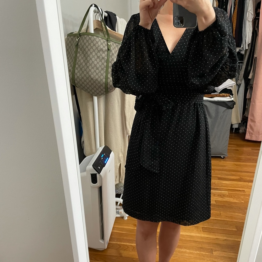 Black polkadot tie waist dress
